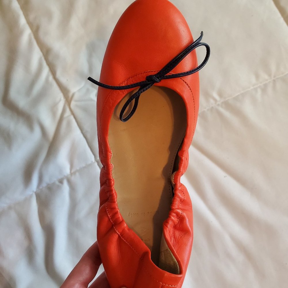 J. Crew Orange Leather Ballet Flats with Navy Bow - Picture 2 of 4
